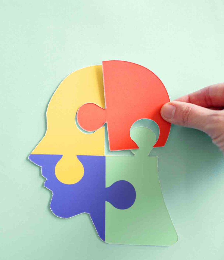 Mental health spectrum depicted in a head shape with different colored puzzle pieces